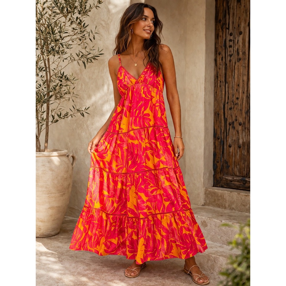 mahina Pink and Orange Floral Maxi Dress